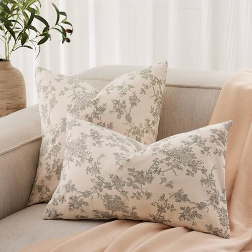 2 Pack French Floral Lumbar Pillow Covers 12x20in, Green/Cream