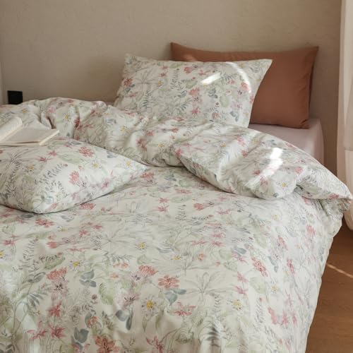 HighBuy Garden Duvet Cover Queen Floral Bedding Set Shabby Chic Boho Cotton Duvet Cover Queen Size Comforter Cover Set for Women Girls,Vintage Pink Floral,Soft and Breathable