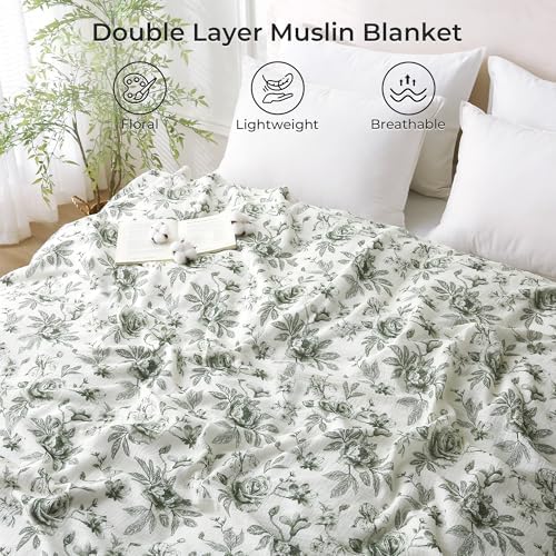 Muslin Blankets for Adults Reversible Throw Fleece & Gauze, Soft Cozy Lightweight Breathable Green Floral Blanket for Bed Couch, Double Layer Muslin Throw Cover 90"x108"
