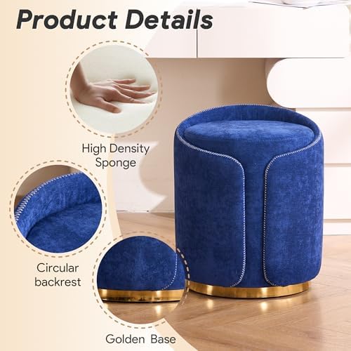 Swivel Vanity Stool with Back Comfy Vanity Chair with Gold Base Modern Round Stool for Makeup Vanity Ottoman Foot Rest for Bedroom livingroom (Navy)