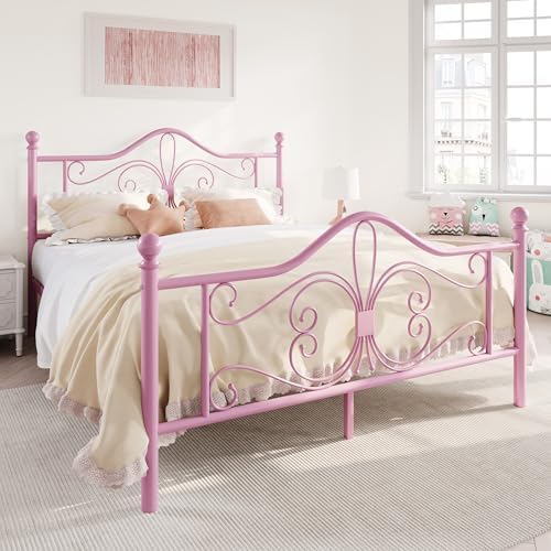 SHA CERLIN Full Size Metal Bed Frame with Butterfly Headboard, Pink
