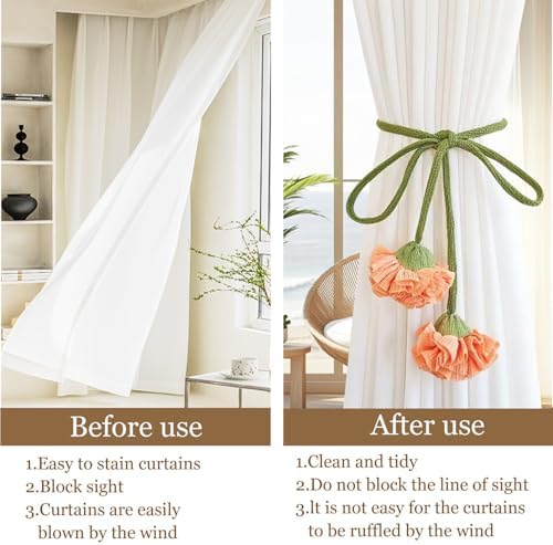 Handmade Curtains Tiebacks, Boho Flower Curtain Tie Backs Curtain Holder Tie Backs for Curtains Braided,Cute Flower Curtain Ties Decorative Rope for Bedroom Window Treatment (Orange)