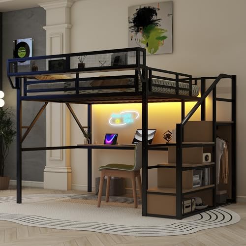 Queen Size Metal Loft Bed Frame with Desk, Staircase, Built-in Storage Shelves and Wardrobe, Modern Loft Bed with Solid Slat, Guardrail, No Box Spring Required, Easy Assembly, for Bedroom, Black