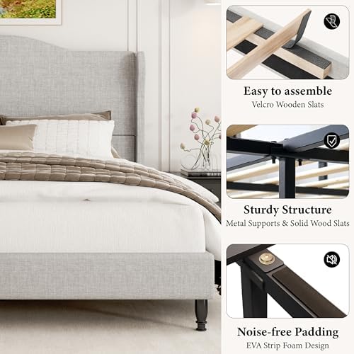 50.4'' Upholstered Tall Headboard Queen Bed Frame, Beige