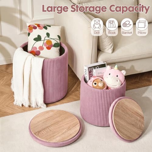 YYW HOME Velvet Round Ottoman with Storage Set of 2, Pink Vanity Stool