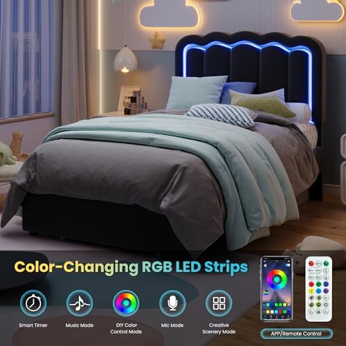 SHA CERLIN Twin Size Bed Frame with LED Lights and Storage Drawer, Black