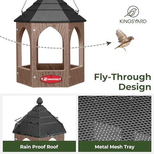 Kingsyard Platform Bird Feeder for Outdoor Hanging - Gazebo Style Recycled Plastic Wild Bird Feeding Station with Rain-Proof Roof & Metal Mesh Tray. Brown