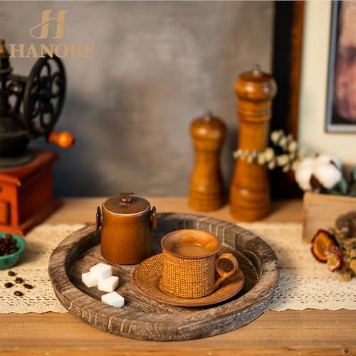 Hanobe Wooden Coffee Table Trays, 2PC Decorative Round Candle Holder Plate