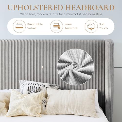 SHA CERLIN King Corduroy Platform Bed with Tufted Wingback Headboard, Grey