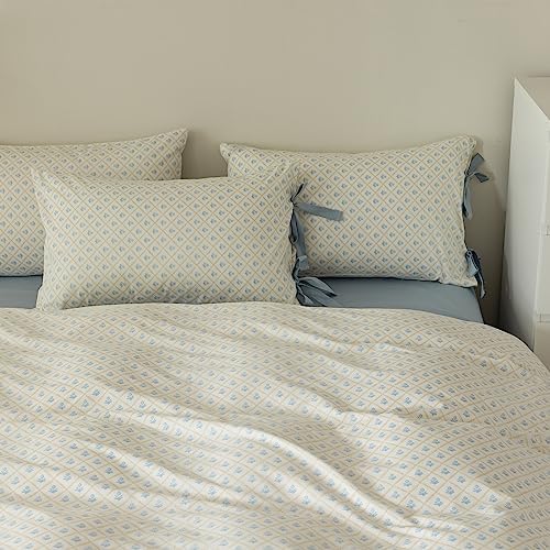 Blue Flower Duvet Cover Queen with Plaid Grid Prints,100% Cotton Bedding Set,Aesthetic Comforter Cover for Girls Women 90x90 Inch