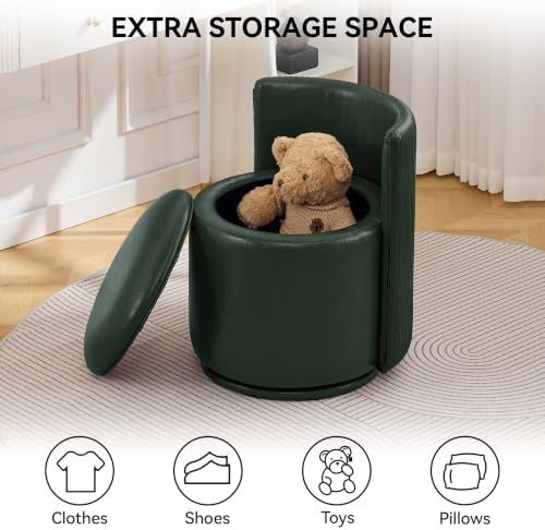 Faux Leather Vanity Chair with Storage, 360° Swivel Makeup Chair,Dark Green