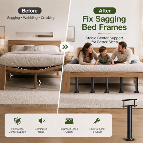 6Pcs Bed Frame Support Leg, Adjustable Height 5.8"-9", Extra Sturdy Steel Bed Frame Support Legs with Wider Rubber Base, More Stable/Quieter, Bed Slat Reinforcement Kit for King/Queen Bed