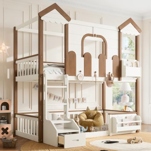 Twin Over Twin House Bunk Bed Frame with Bookshelf and Drawer, Beige