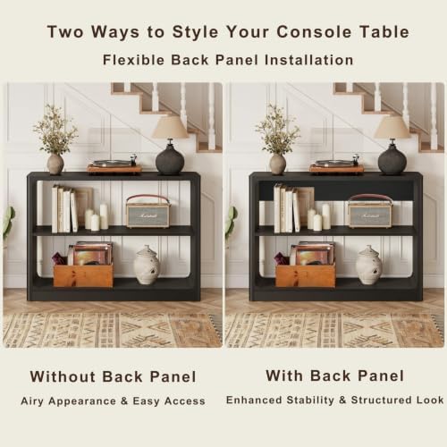 FATORRI Entryway Console Table with 3-Tier Storage Shelves, Rustic Farmhouse Narrow Sofa Table for Living Room, Hallway, Behind Couch (Black)