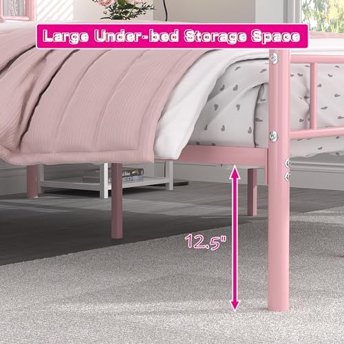 VECELO 14 Inch Queen Size Metal Platform Bed Frame with Headboard and Footboard, Heavy Duty Mattress Foundation with Steel Slats Support, No Box Spring Needed, Pink