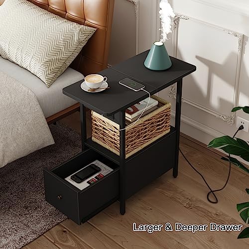 LIDYUK End Table with Charging Station, Narrow Side Table with Drawer