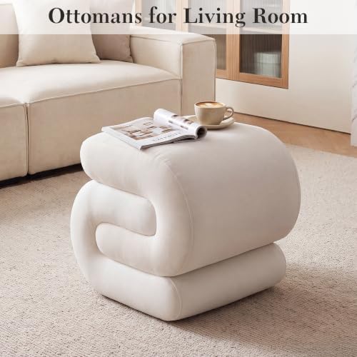 FOXHUNTER S Shape Modern Velvet Pouf Ottoman Vanity Stool, White