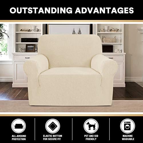 PrinceDeco Stretch Chair Cover Chair Slipcovers with Arms 1-Piece Chair Sofa Slipcovers or Living Room Non Slip Armchair Cover Furniture Protector Dogs Pet Friendly(Armchair, Biscotti Beige)