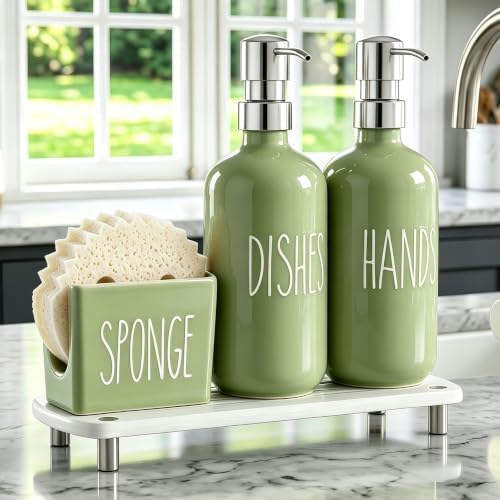 Cisily Olive Green Kitchen Soap Dispenser Set with Ceramics Sponge Holder