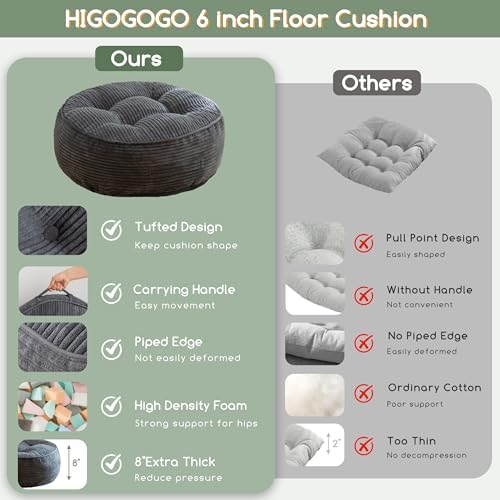 HIGOGOGO 8" Extra Thick Floor Pillow Cushion for Adults, Meditation Cushion Pillow, Large Round Floor Sitting, Tufted Corduroy Cover, for Tatami Living Room or Yoga, 22x22 Inch, Dark Grey