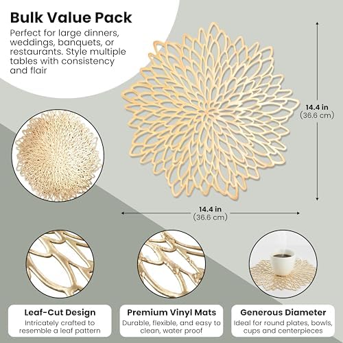 Juvale 20-Pack Gold Vinyl Placemats - Round Leaf Design Table Chargers for Dining Table Settings (14.4 Inches Place Mat)