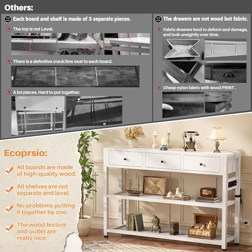 Ecoprsio 47'' Entryway Table with Outlets and USB Ports, Console Table with 3 Drawers, Sofa Table Narrow Long with Storage Shelves for Living Room, Couch, Hallway, Foyer, Kitchen Counter, White