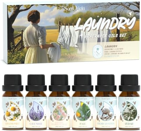 Soulorigin Laundry Fragrance Oils Set, Essential Oil Gift Set for Diffuser, Clean Scent Diffuser Oil, Use with Wool Dryer Balls or Diffuser,Chamomile, Fresh Cotton, Sage, Cedar, Lavender, Cherry Soap