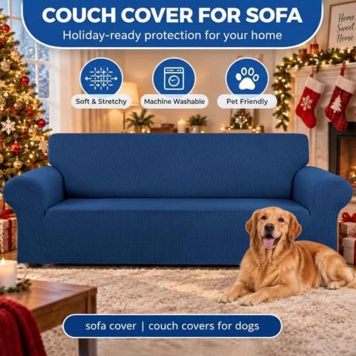 KEKUOU Stretch Couch Covers for Sofa 3 Cushion Couch Slipcover,Classic Blue