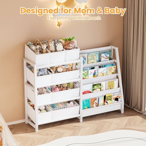 Toy Storage and Kids Bookshelf, toy organizer with 9 Bins+ 4 Tier Bookshelf