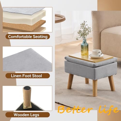 Storage Ottoman, Small Foot Stool Ottoman with Storage, Linen Foot Rest with Wood Legs, Footstool for Living Room, Bedroom, Entryway, Gray