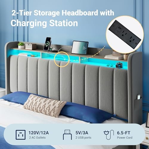 Allewie King Size Bed Frame with 2-Tier Storage Headboard & 2 Large Drawers