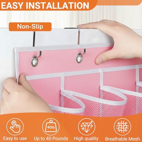 40-Pocket Over the Door Shoe Organizer - Large Mesh Pocket Hanging Shoe Organizer,Behind the Door Shoes Storage Holder Hanger (Pink-W)