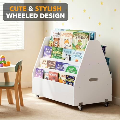 SpaceAid Double-Sided Mobile Bookshelf, Montessori Bookcase for Toddlers, Wooden Book Storage Organizer Shelf Furniture for Kids Rooms, Playroom, Nursery and Classroom, 29.5“ Wide 4-Tier, White
