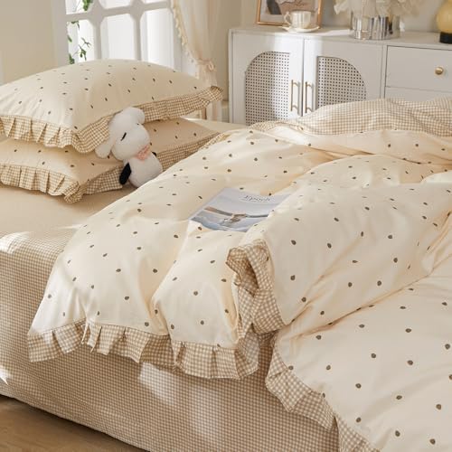 Ruffle Strawberry Duvet Cover Full Size, 100% Cotton Princess Girls Ruffle Lace Bedding Set with Cute Aesthetic Strawberry Print, Cottagecore Duvet Cover Reversible Tan Gingham Comforter Cover Full