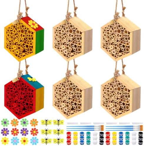 Leinuosen 6 Pcs Mason Bee House with DIY Painting Kits, Felt Bee Flower