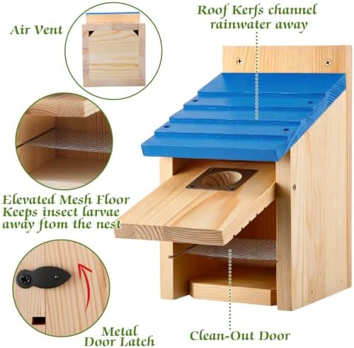 Dreyoo 4 Pack Bluebird Houses for Outside with Metal Predator Guard, 1-1/2" Entrance Hole Wooden Blue Bird Houses for Outdoors, Bluebird Nesting Box(Blue Roof, Wood Body)