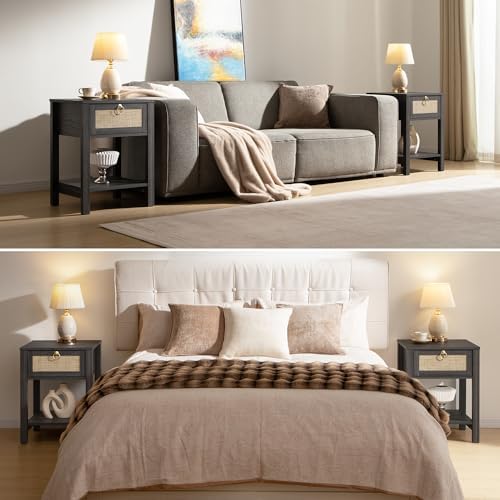 SICOTAS Rattan Nightstand Set of 2 with Storage Shelf, Boho Bedside Tables