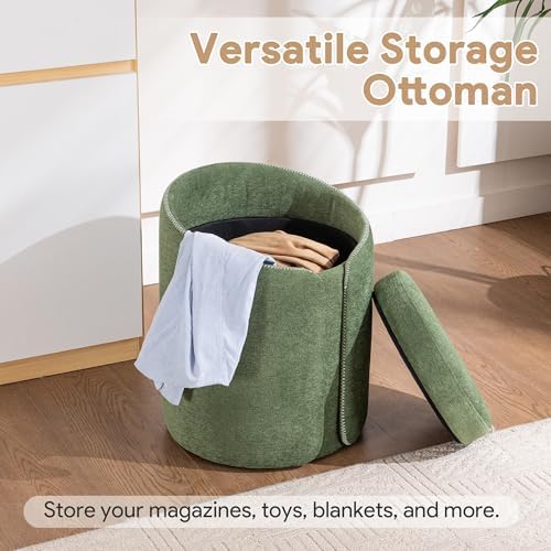 Storage Vanity Stool with Gold Base Comfy Vanity Chair Modern Round Stool for Makeup Vanity Ottoman Foot Rest for Bedroom livingroom, Green