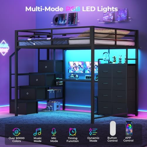 Full Size Loft Bed with Desk, Storage Stairs, LED Lights, Black