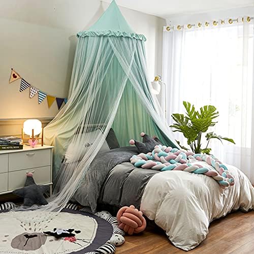 VETHIN Bed Canopy Double Layer Princess Round Dome Dreamy Mosquito Net Bedding Girls Room Castle Play Tent Hanging House Decor Reading Nook Canopies(Green/White)