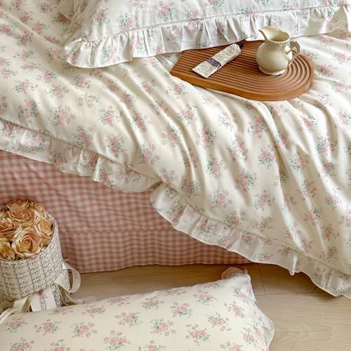 mixinni Pink Floral Duvet Cover Set Full Size - 100% Cotton Ruffle Lace Bedding Set for Girls, Romantic Cottagecore Style Duvet Cover with Zipper Closure, Soft Aesthetic Princess Bedding-Full