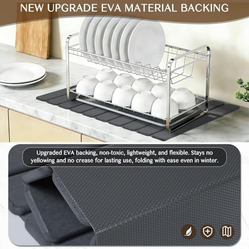 Large Stone Dish Drying Mat for Kitchen Counter, Thin & Light Quick Dry Stone Bath Mat, Foldable Water Absorbing Diatomite Drying Pad for Kitchen Bathroom Sink Countertop (Pure Gray 24"×16" & 8"x4")