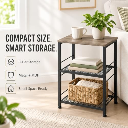 Grey End Table, Wood Coffee Table Stand, Nightstand with Storage Shelves