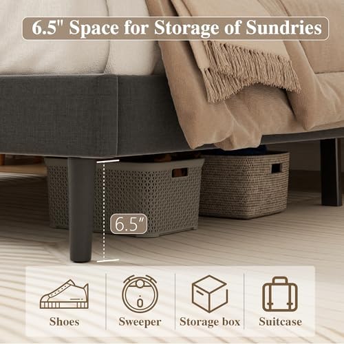 CXVX King Size Bed Frame with Diamond Tufted Headboard, Linen Upholstered Platform Bed and Wooden Slat Support, Noise-Free, No Box Spring Needed, Easy Assembly, Dark Grey