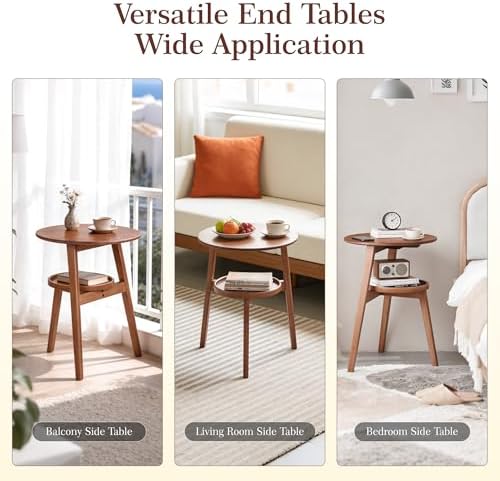 2-Tier Round Bamboo Side Table, Mid Century Modern End Table