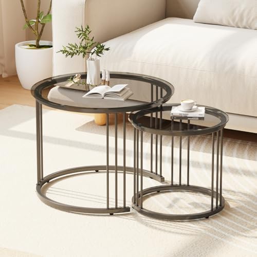 Garden 4 you Nesting Coffee Table, 23.6" Round Coffee Table Set of 2, Glass Nesting Table with Metal Frame, Ceter Tables for Living Room Bedroom Balcony, Grey