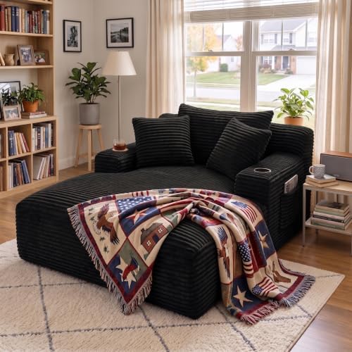 66" Chaise Lounge Chair Indoor, Corduroy Upholstered Reading Chair Oversized Boneless Chair with Deep Seat, Cloud Lounge Chair with 3 Pillows for Living Room, Bedroom, No Assembly Required
