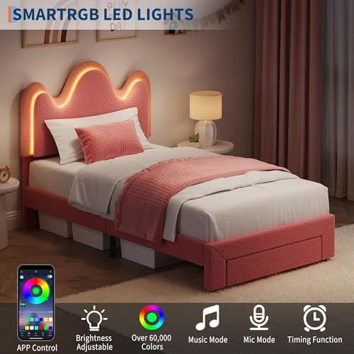 IDEALHOUSE Twin Bed Frame with LED Headboard and Under-Bed Drawer, Metal