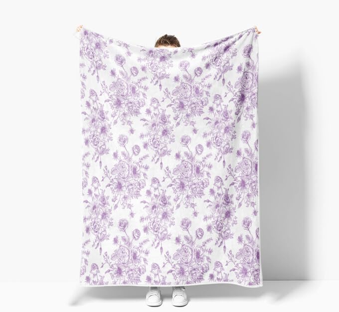 Floral Throw Blanket, Botanical Floral Blanket, Soft, Flannel, Warm, Boho Floral Bed Blanket All Season Flower Throw Blanket for Couch Bedroom Living Room, Purple 50X70 Inch