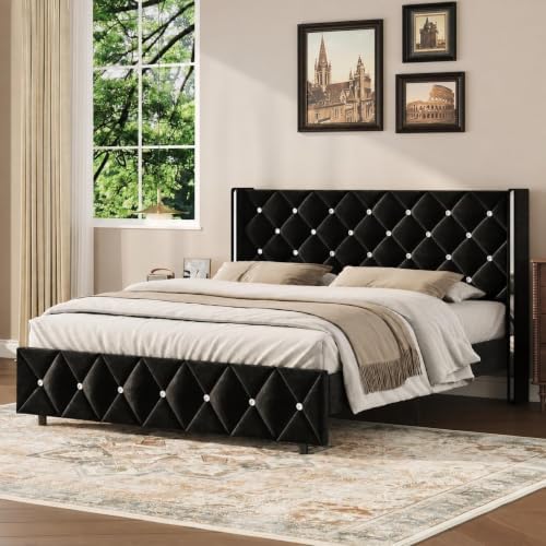 HOMBCK Full Bed Frame with Velvet Headboard, Silverside Wingback, Black